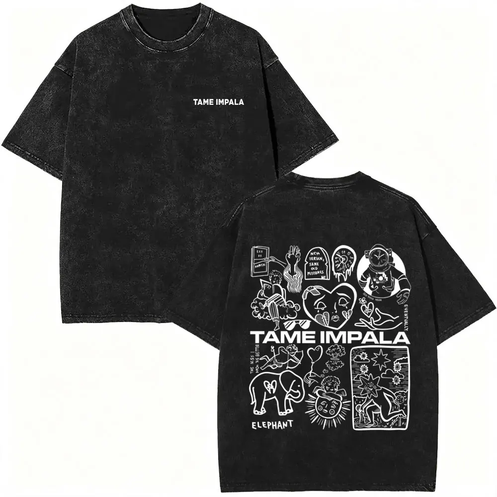 VintageWashed Pop Rock Band Tame Impala Graphic Print T Shirt Men Women Casual Cotton Oversized Short Sleeve T-shirt Streetwear