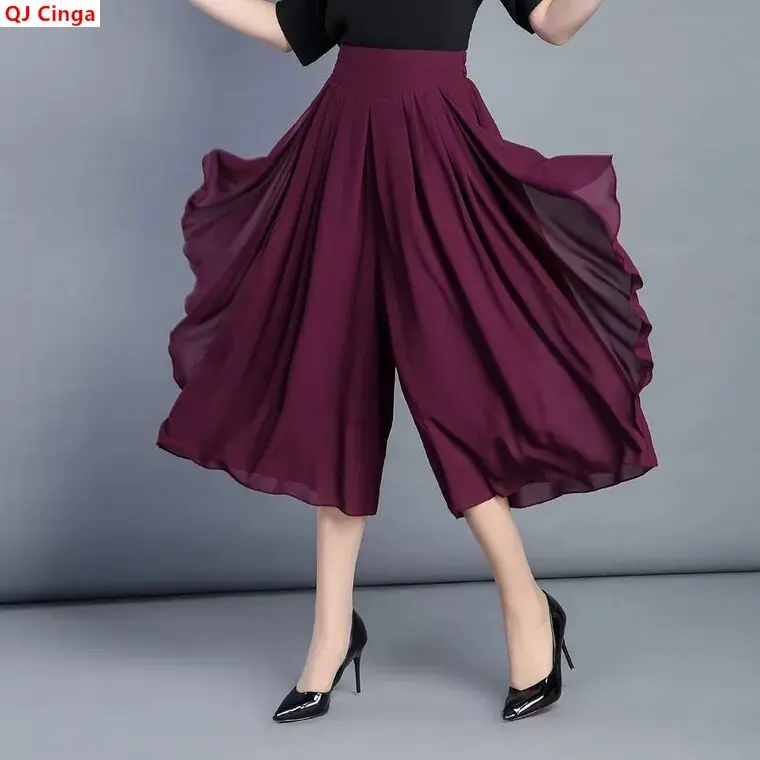 Women's Chiffon Wide-leg Pants for Spring and Summer—lightweight, High-waisted Culottes Available in Red,Green,Black,Blue,Camel.