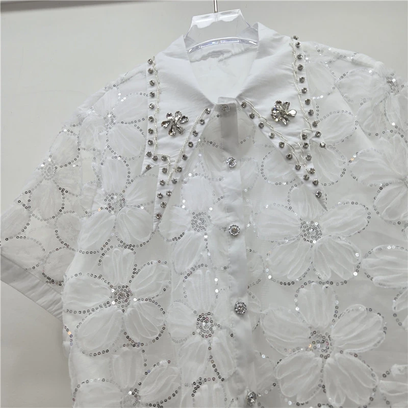 

Fashion Heavy Embellished Women's Shirt Beaded 3D Flower Design Slim and Versatile Women's Top