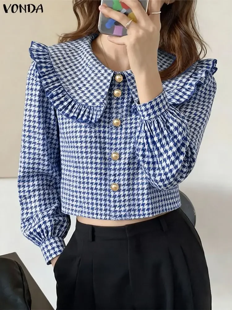 

VONDA Fashion Shirts Women Elegant Checkered Pattern Print Streetwear Blouse Peter Pan Collar Long Sleeve Tops Tunic Vintage
