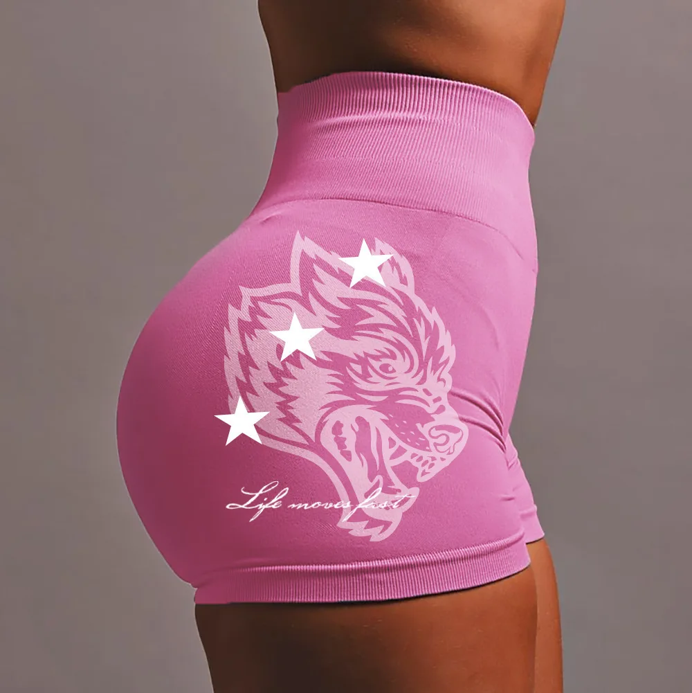 Neue Hüft-Yoga-Hose mit Wolfskopfmuster für Damen, Sport, Laufen, Fitness, Training, Dreipunkt-Hose, atmungsaktive Shorts mit weichem Boden