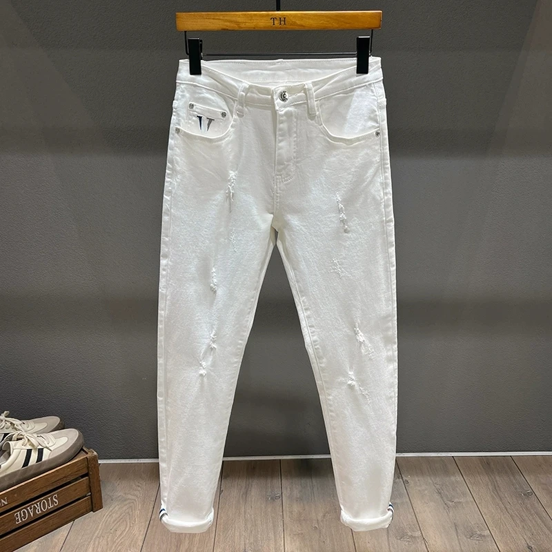 مصمم الأزياء Y2knew الجينز الصفر غسل الحنين تمتد سليم صالح مثقب التصحيح الأبيض الرجال الجينز الرجعية السراويل hombre #3