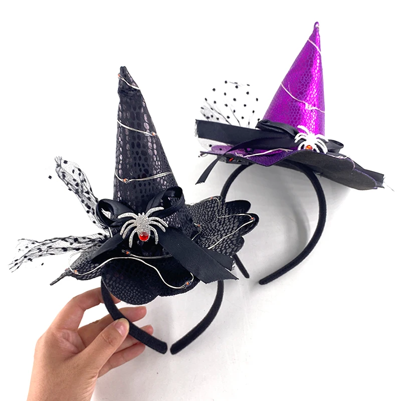 1PC LED Light Halloween Spider Headband Witch Hat Headwear For Women Halloween Party Hairband Cosplay Props Hair Accessories