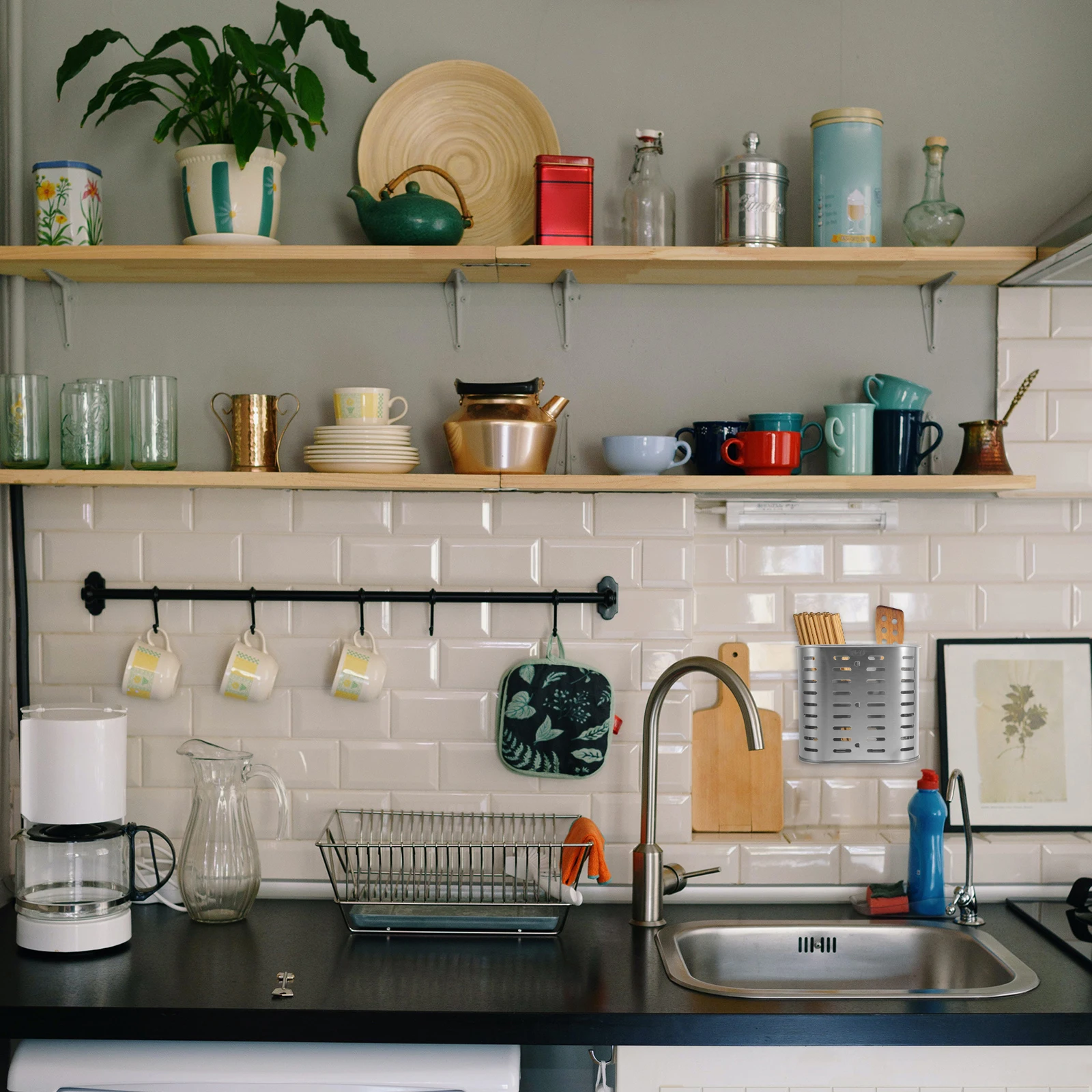 

1Pcs Stainless Steel Tableware Storage Bucket Simple Design Kitchen Cutlery Organizer Drain Water Keep Dry Tidy Home Accessory