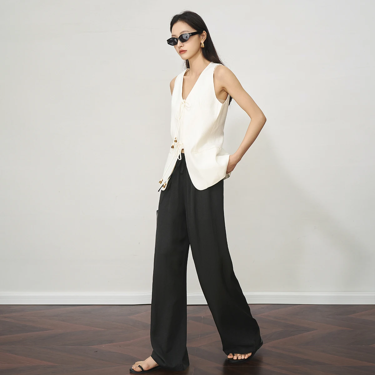 OLrain Black Casual Pants Women's Autumn Drawstring Straight 2025 New Thin Pants Female Clothing O57XK99181