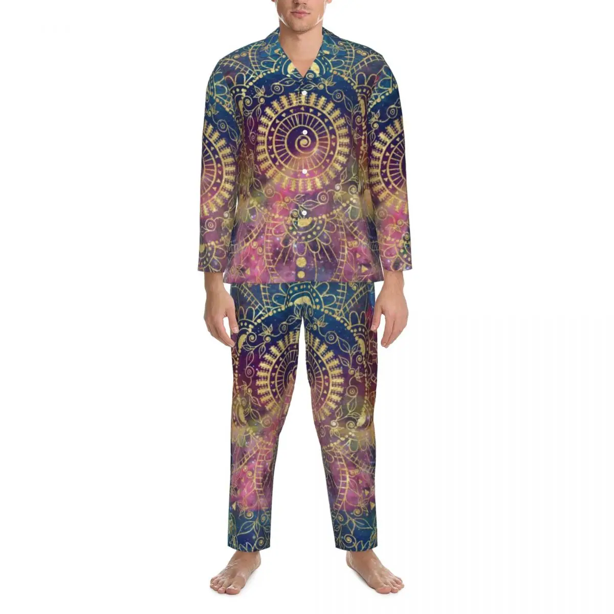 Retro Floral Print Sleepwear Spring Gold Mandala Aesthetic Oversized Pajama Sets Mens Long Sleeves Leisure Design Home Suit