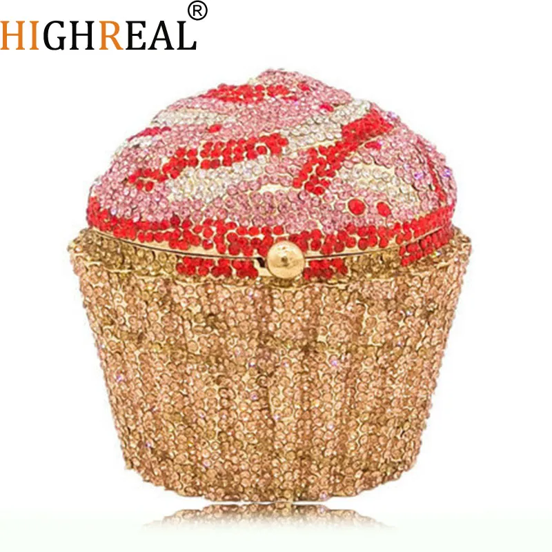 HIGHREAL Cupcake Shape Rhinestone Evening Bag Women Chic Sparkly Diamond Mini Metal Clutch Purse And Handbag Wedding Party Prom