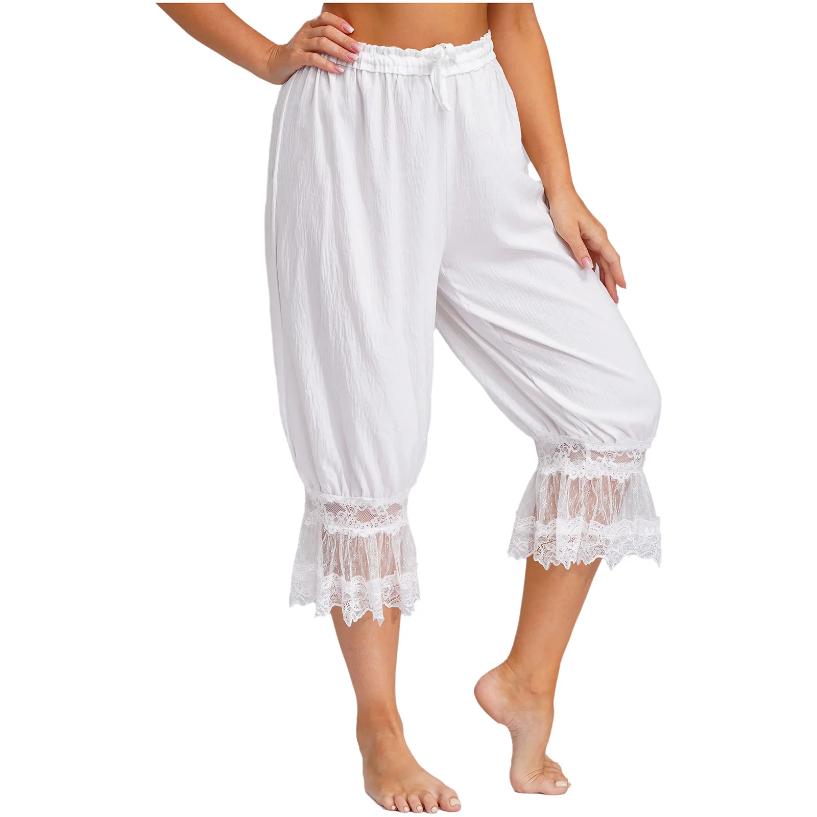 Women's Lace Trim Bloomers Pant Loungewear Elastic Waist with Drawstring Loose Harem Pants Medieval Pirate Pantaloons Midi Pants