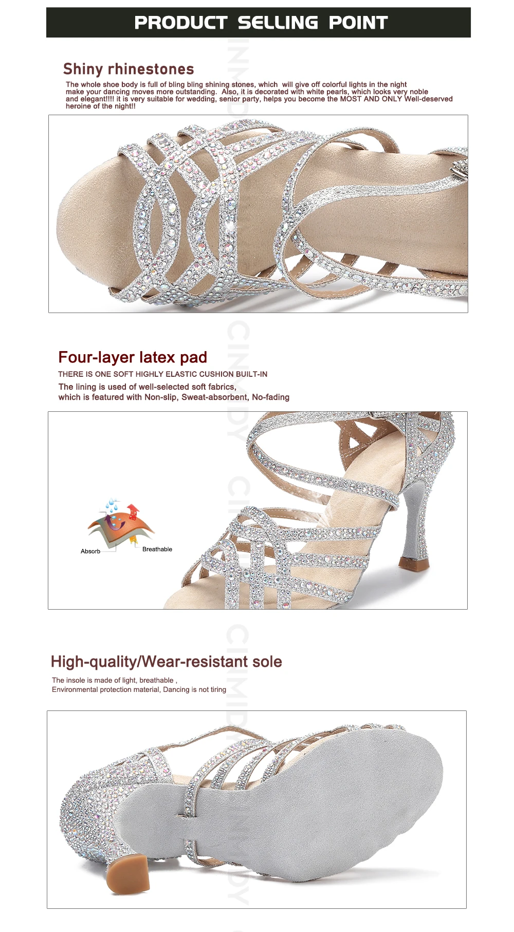 CINMIDY Latein-Tanzschuhe Kubanischer Absatz Salsa Ballroom Tanzschuhe Silber Strass Hochzeitsschuhe Damen Party Performance Schuhe – Detail 7