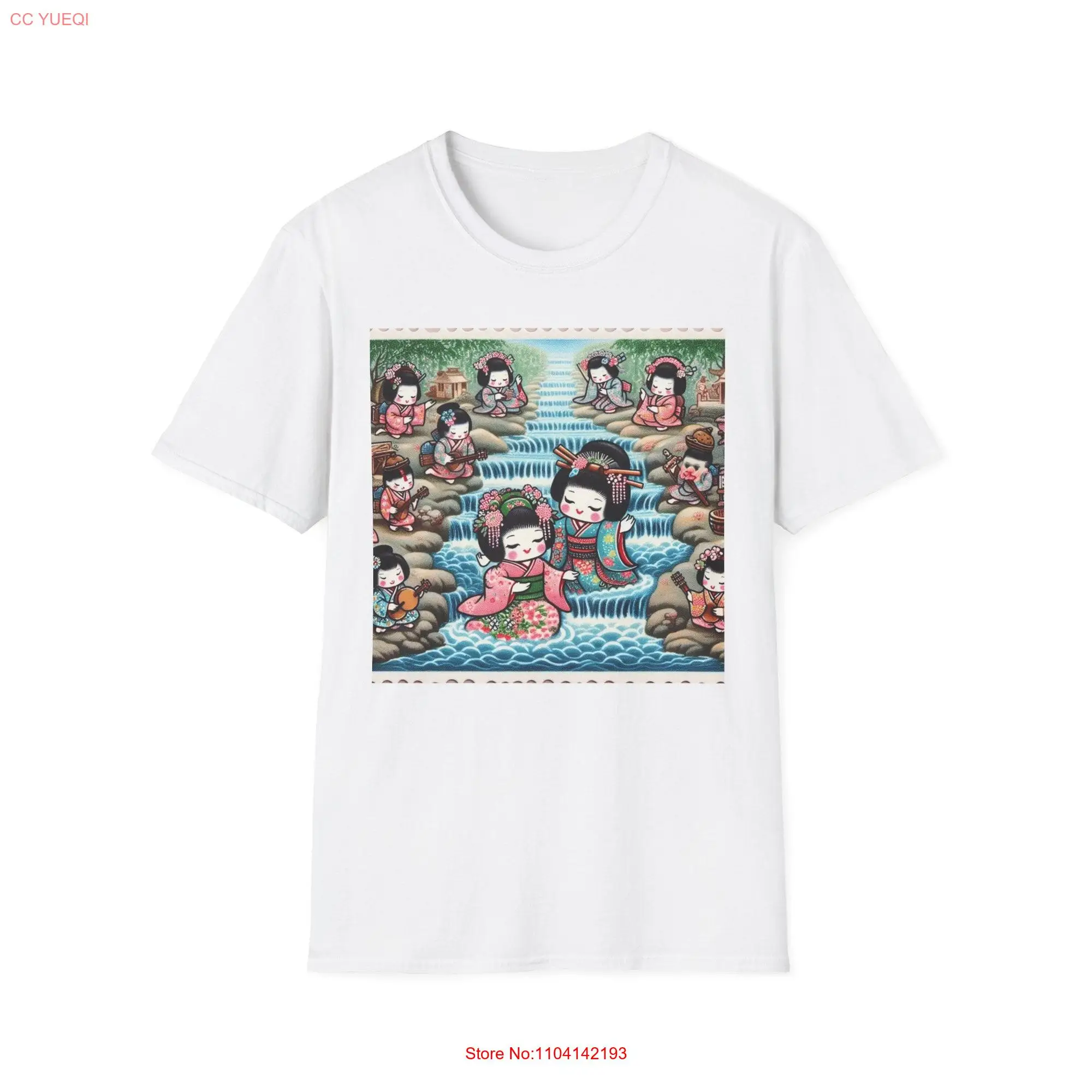 This charming image reimagines traditional Kabuki in a cute stamp like style Softstyle T Shirt long or short sleeves