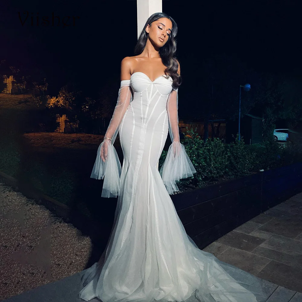 Viisher White Tulle Mermaid Wedding Dresses Sexy Sweetheart Boho Bride Dress 2023 Long Beach Wedding Bridal Gowns Customized