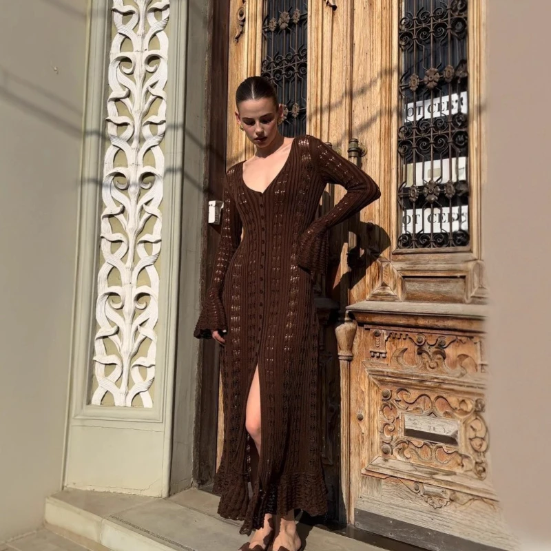 

Осень 2023, длинная вязаная куртка с вырезом для малышей, женский дизайн с оборками, ленивый ветер, потертый расклешенный длинный кардиган