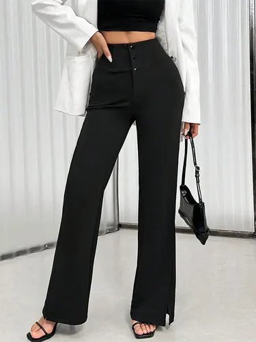 Imagen 2 del producto Pantalones negros sexis para mujer, ropa de calle de primavera, pantalones Bootcut con botones a la moda, pantalones elegantes con personalidad para mujer, pantalones versátiles, ropa