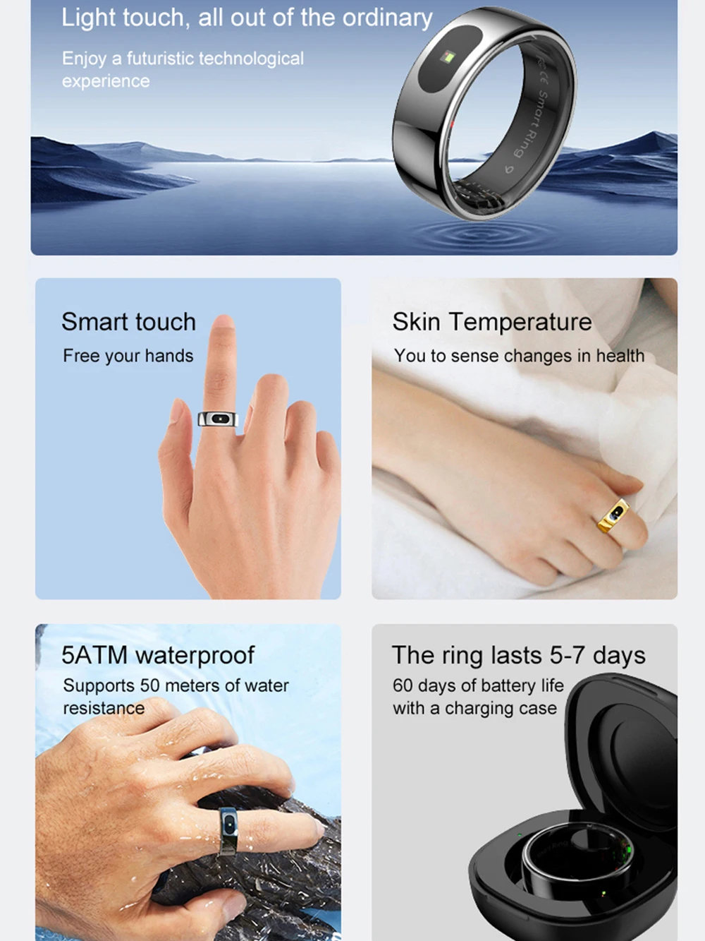 Fitness Healthy Smart Ring Heart Rate Blood Oxygen Sleep Monitoring Skin Temperature Rings Message Reminder 5ATM Waterproof