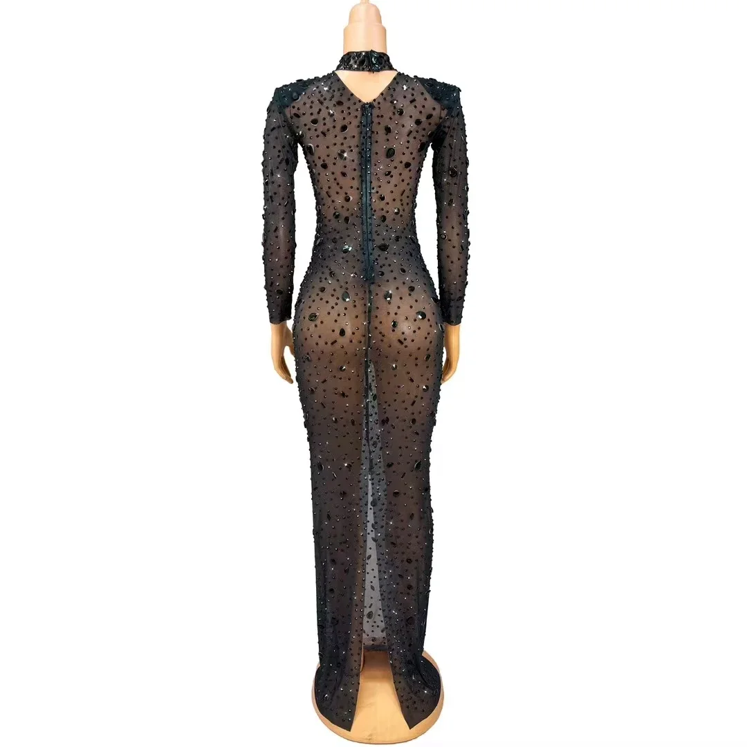 الماس فستان عيد ميلاد أحجار الراين مثير فستان شبكي شفاف كوكتيل حفلة عرض الأزياء المرحلة زي ثوب مسائي أسود