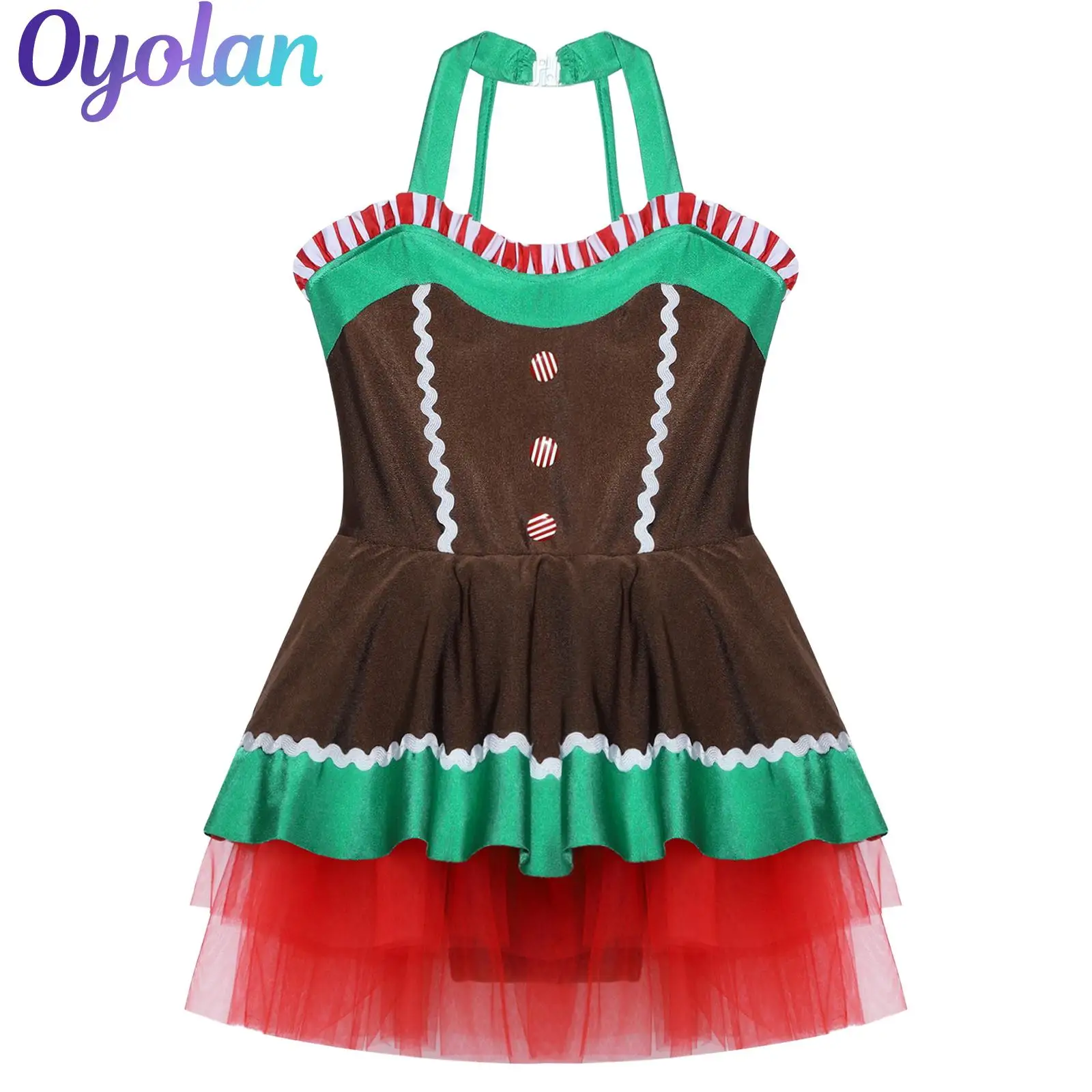 

Girls Christmas Xmas Gingerbread Man Santa Cosplay Costume Striped Bowknot Apron Gymnastics Leotard Skating Ballet Tutu Dress