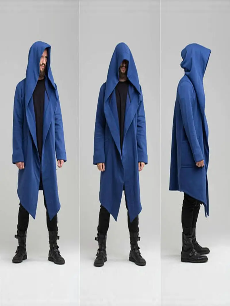 

Long Men's Open Cardigan Coat Windbreaer Acet Cross-Border Sle Casual Autumn Wear with kets Hooded Pure Color Design