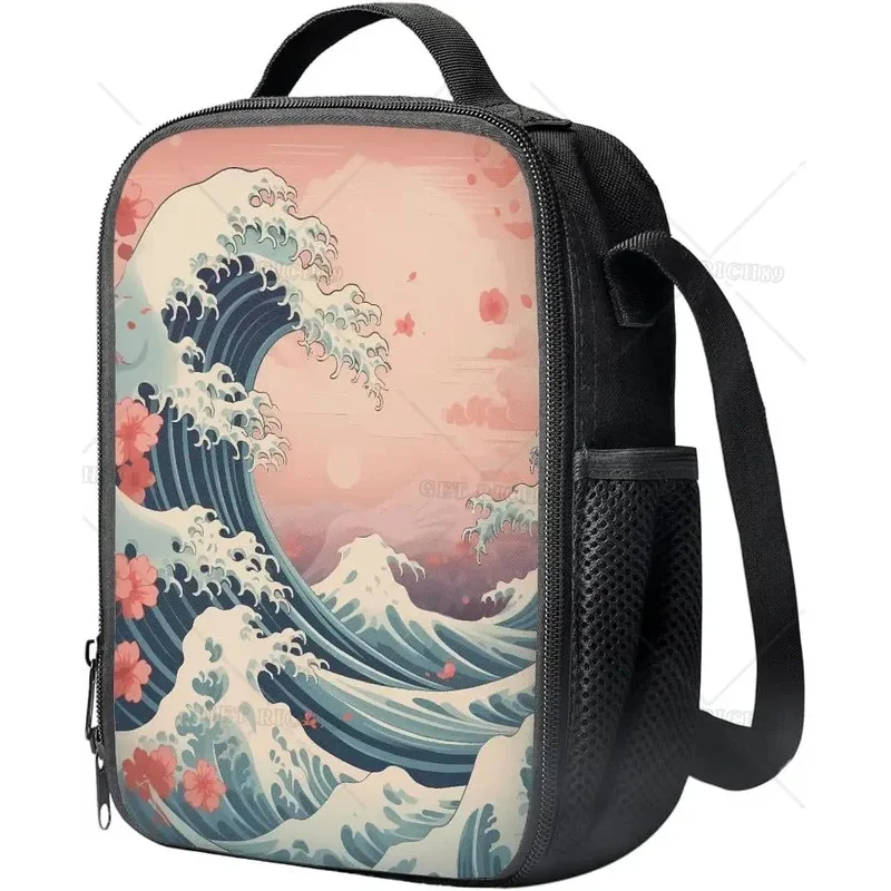 The Great Wave Off Kanagawa Cherry Blossoms Sakura Printed Insulated Lunch Bag with Zipper Side Water Bottle Holder for Womens