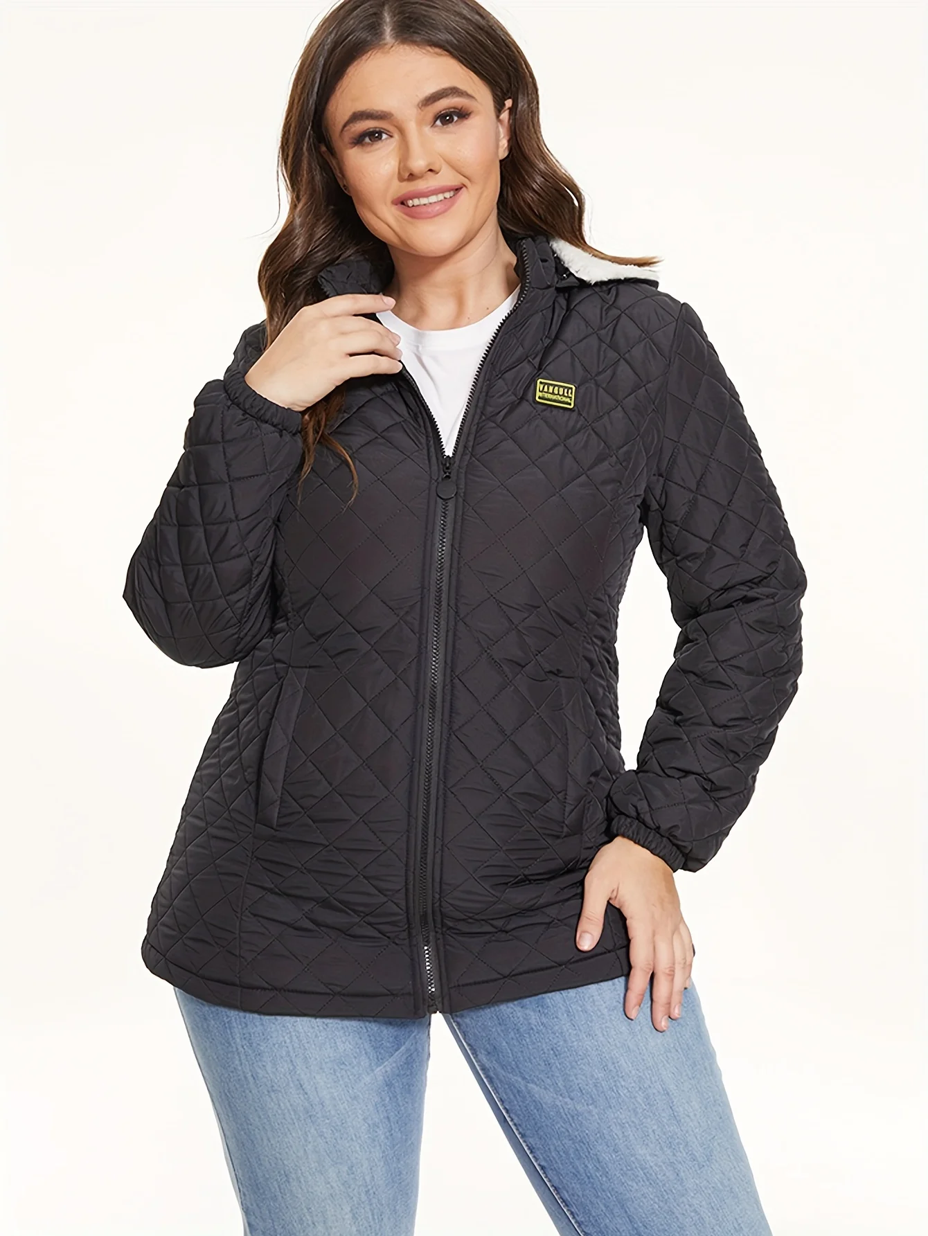 Plus Size Casual Coat, Women\'s Plus Solid Quilted Liner Fleece Long Sleeve Hooded Zipper Coat For Fall & Winter Odzież damska