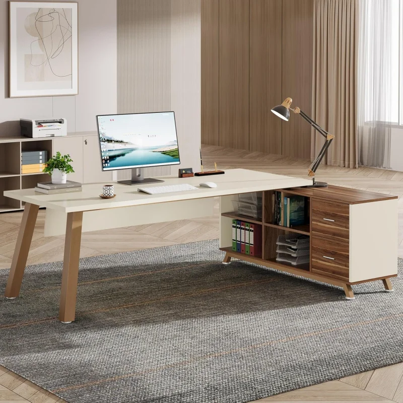 

78.Inch L-Shaped Executive Desk, White & Walnut Modern Home Office Computer Desk, Equipped with 55 Large Storage Cabinet