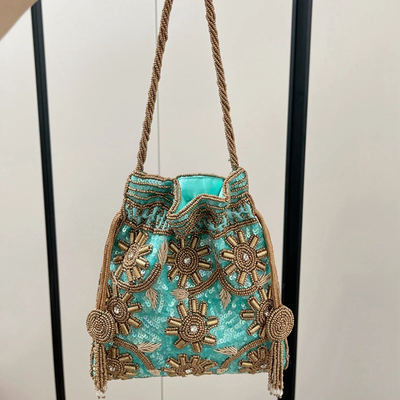 DOYUTIG Indian Handmade Sun Flower Beads Shoulder Bag Women\'s Classical Travel Handbag Lady Fashion Seaside Style Bucket N005