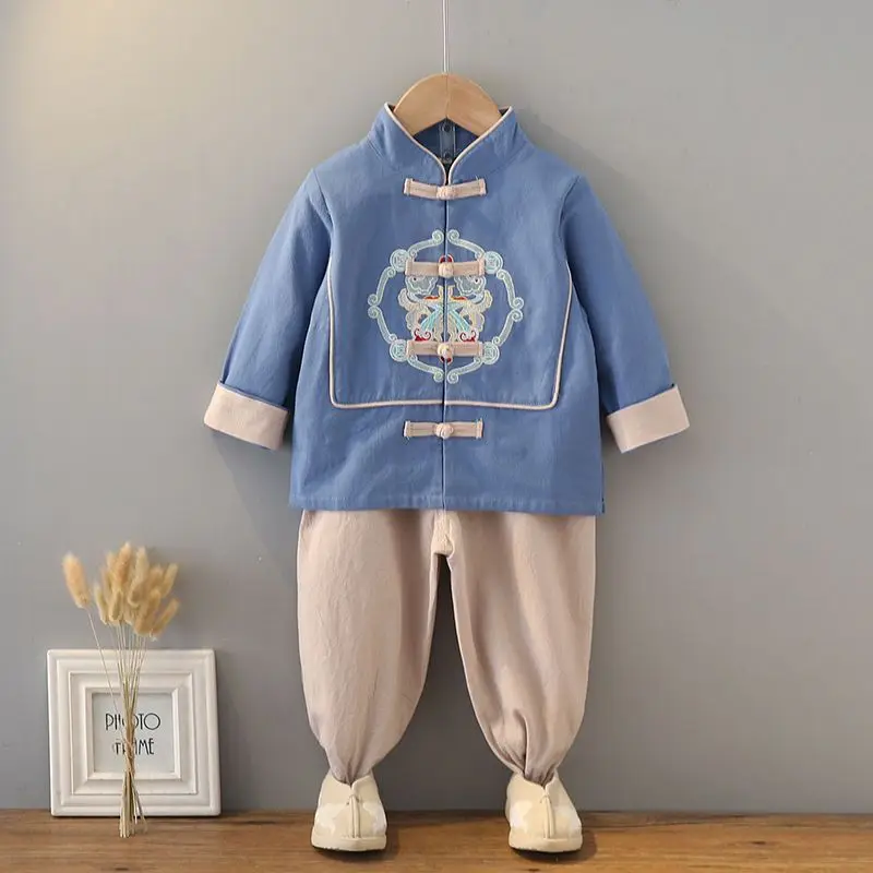 

3 Colors Spring Autumn Traditional Chinese Embroidery Long Sleeve Tang Suit Children Ethnic Style Boys New Year Clothing Tai Chi