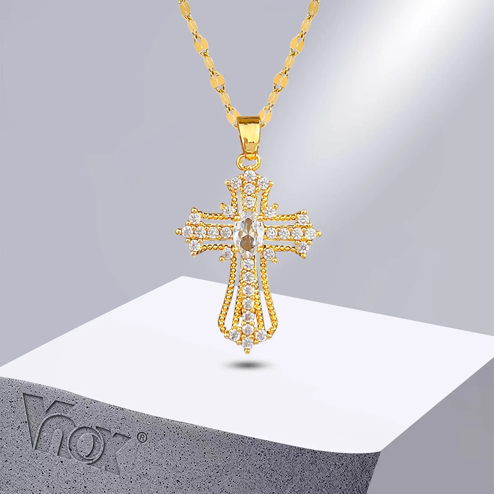 Vnox Sparking Women Cross Necklaces, Gold Color Metal Cross Pendant, Bling CZ Stones Christ Religious Prayer Collar