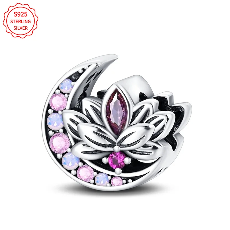 Colgante romántico de Plata de Ley 925 con dijes de loto con circonita cúbica, apto para pulsera DIY, collar, regalo para ella, Colgante Plata