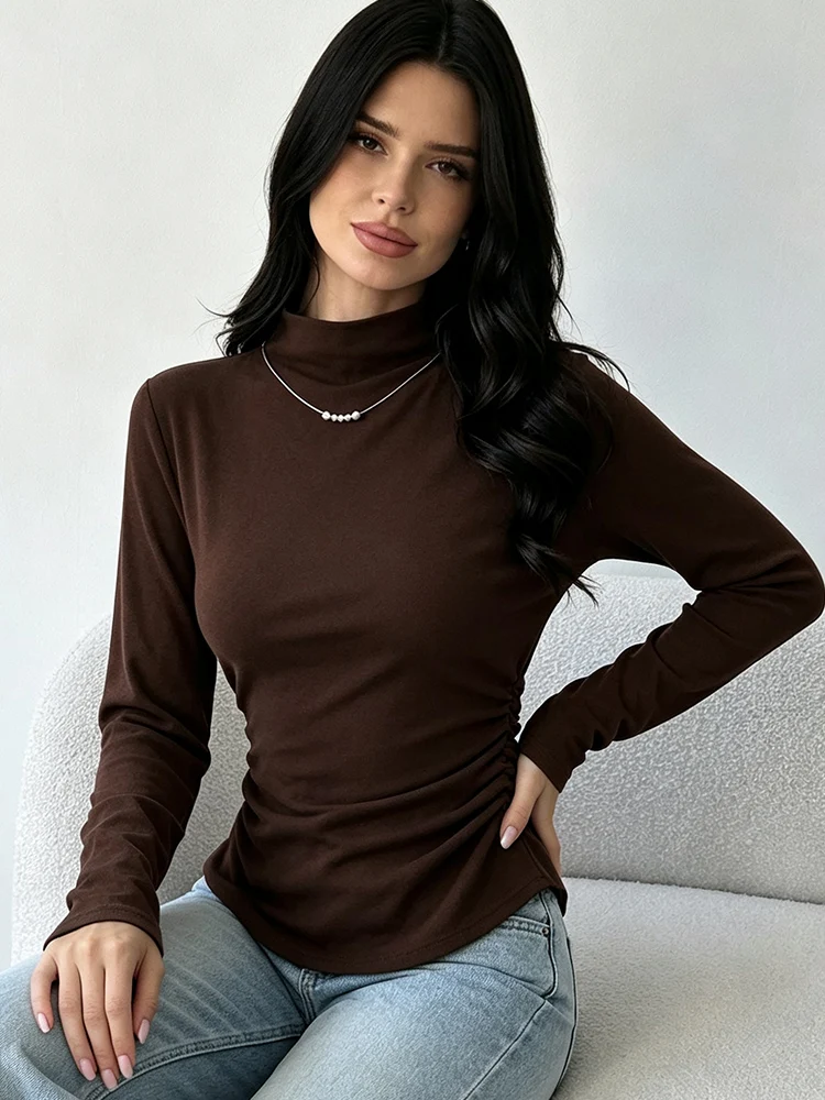 Autumn Women Mock Neck Long Sleeve Cotton T‑Shirt Side Ruched Waist Slim Fit Solid Color Casual Inner Layering Daily Wear Tops