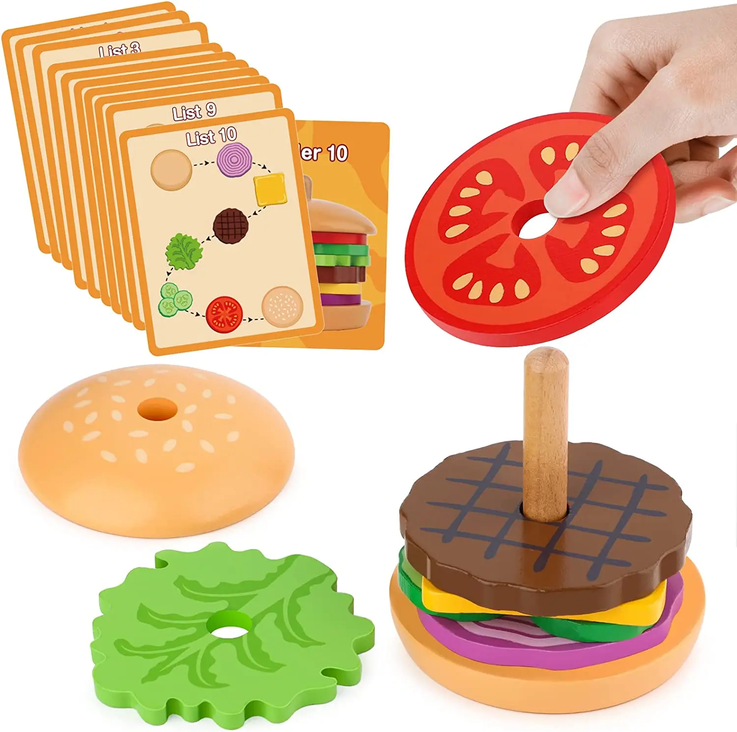 Wooden Hamburg Sandwich Stacking Toys for Toddlers and Kids Montessori Preschool Educational Toys Fine Motor Skill kitchen Toy