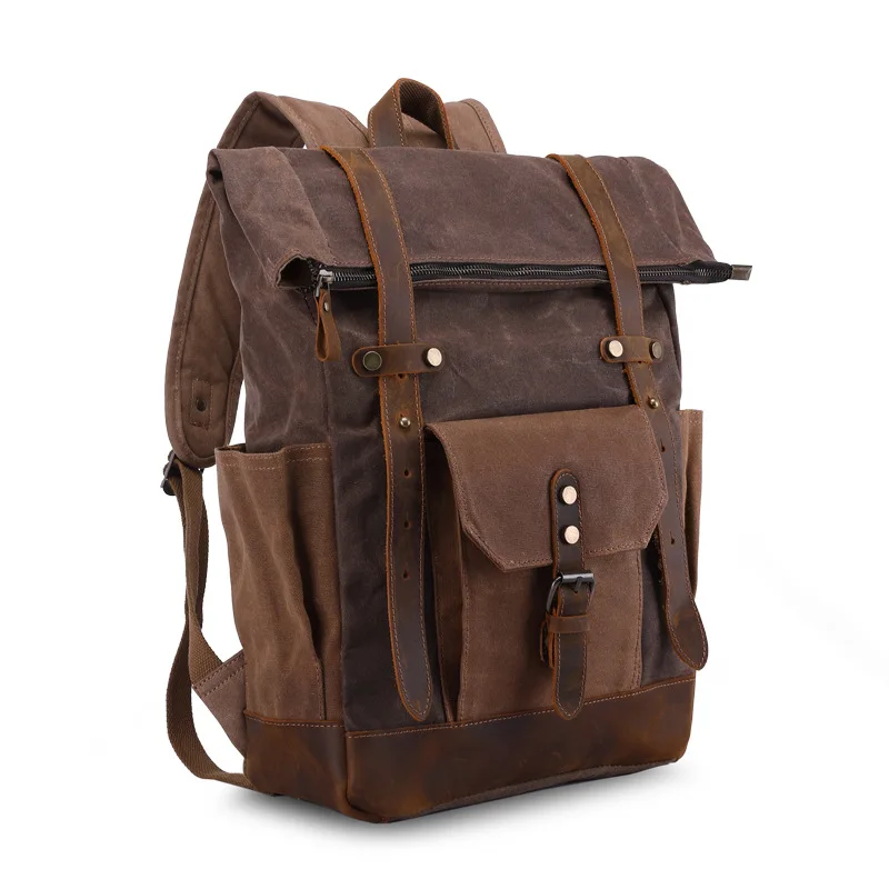 Genuine Waterproof Travel Bag Men's Leather Oil Wax Double Shoulder Canvas Backpack Vintage Trendy  School Bags For Teenagers