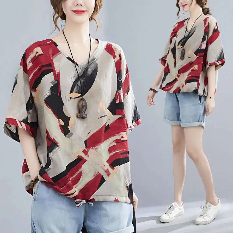 Women Summer Fashion Loose Vintage Printing Cotton and Linen V-neck Short Sleeve T-Shirt Ladies Casual Appear Thin Trend Top Tee