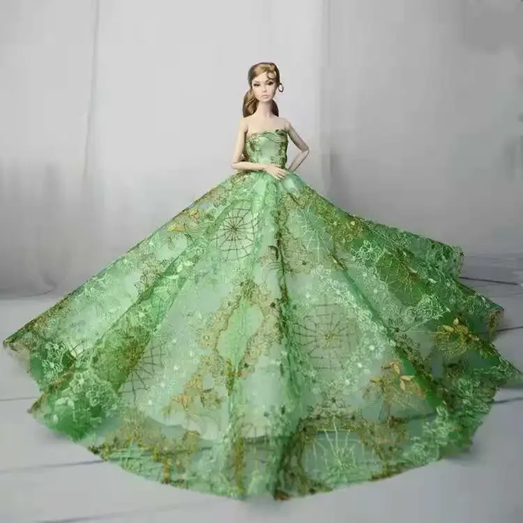 1/6 BJD Doll Clothes Green Gold Floral Wedding Party Gown Princess Dress For Barbie Clothes Outfits 11.5