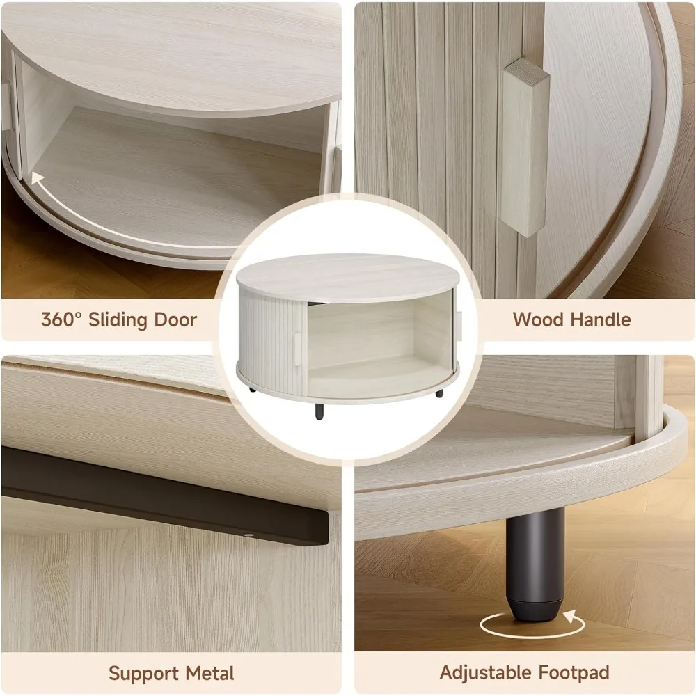 Mesa de centro redonda moderna de 31,5 con diseño de madera estriada y 360 °   Solución de almacenamiento para puertas correderas