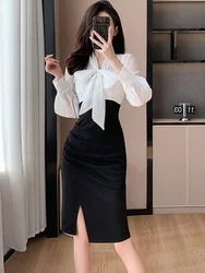 Black Patchwork White Bow Collar Office Lady Dress Autumn Winter Elegnat Bodycon Formal Dress 2024 Korean Vintage Evening Dress