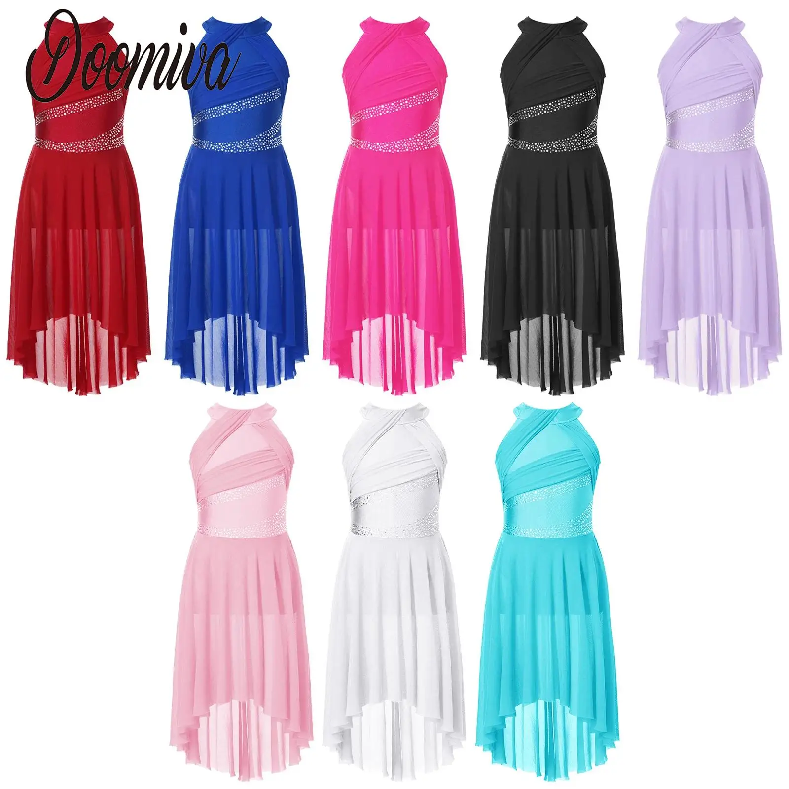 

Girls Lyrical Dance Dress Sleeveless Sparkly Rhinestones Leotard Dress for Modern Contemporary Dance Skating Performance Dresses