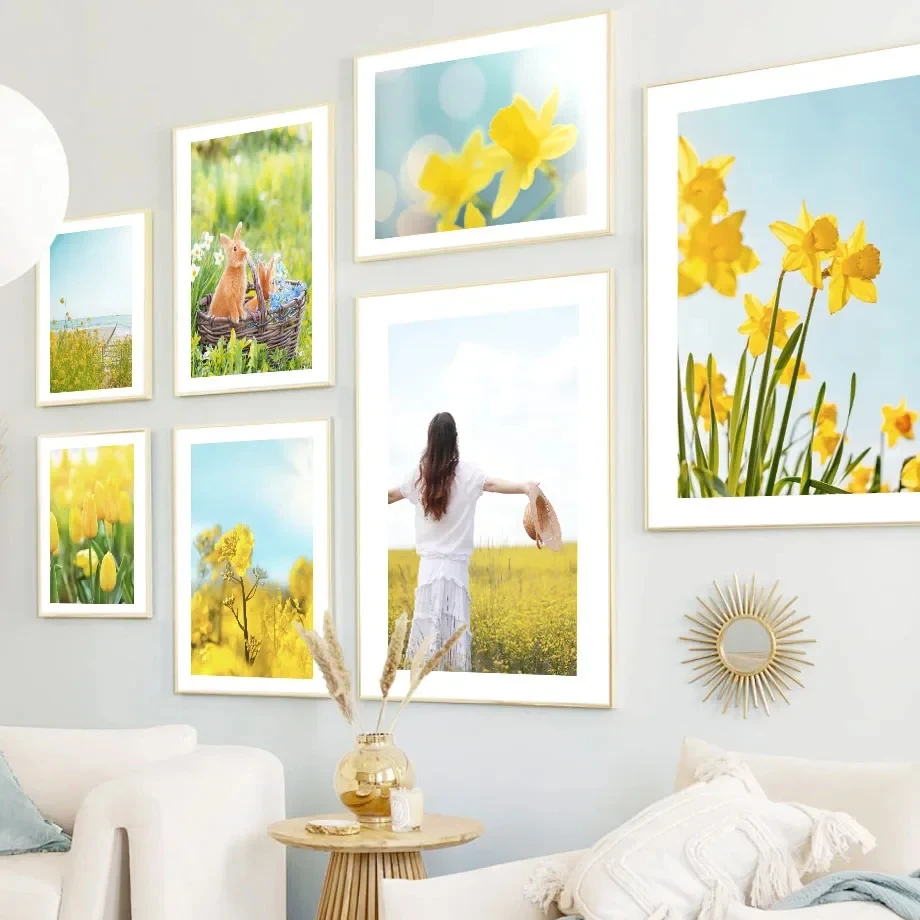 لوحة زيتية جدارية طبيعية ، ملصق الربيع والطباعة ، الأصفر ، زهرة الزنبق ، الأرنب ، منزل ريفي ، الشمال ، غرفة المعيشة ، ديكور المنزل