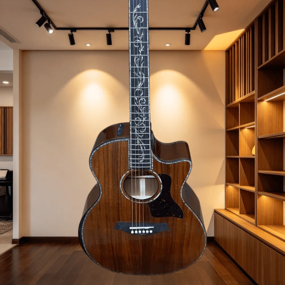 Natural Koa Wood 40 Inch 6 String Acoustic Guitar with EQ Abalone Binding Vine Inlay Dark Pickguard Perfect for Professional