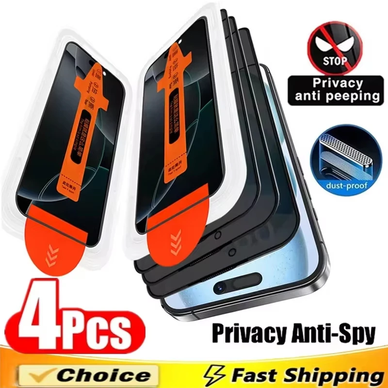 

4Pcs Dust Free Installation Privacy Screen Protectors for iPhone 17 16 15 Pro Max 14 12 13 11 8 Plus Mini X XR XS Anti-spy Glass
