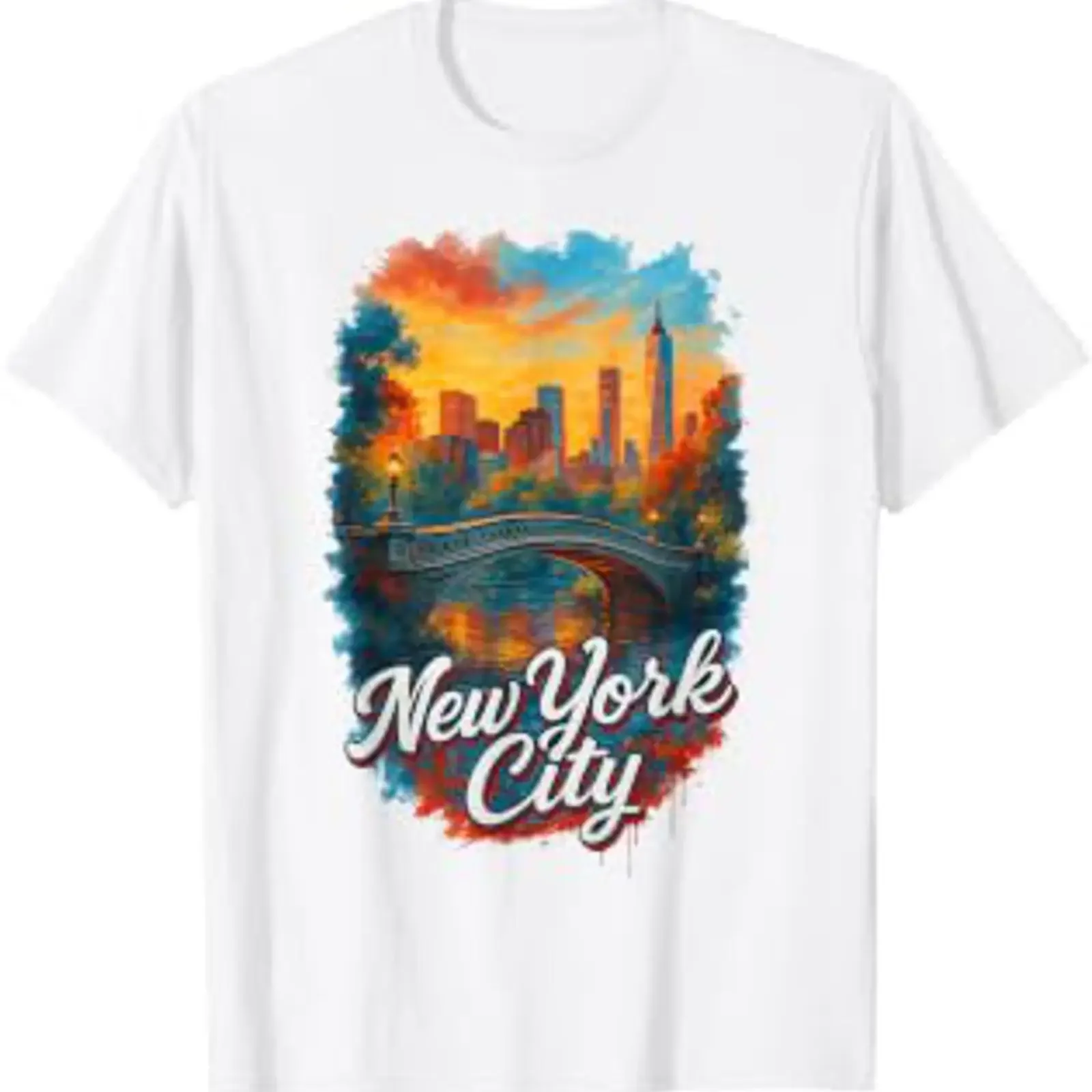 New York City Bow Bridge Watercolor Landscape Souvenir T Shirt vintage Washed Versatile Soft Top For Everyday Wear Stylish