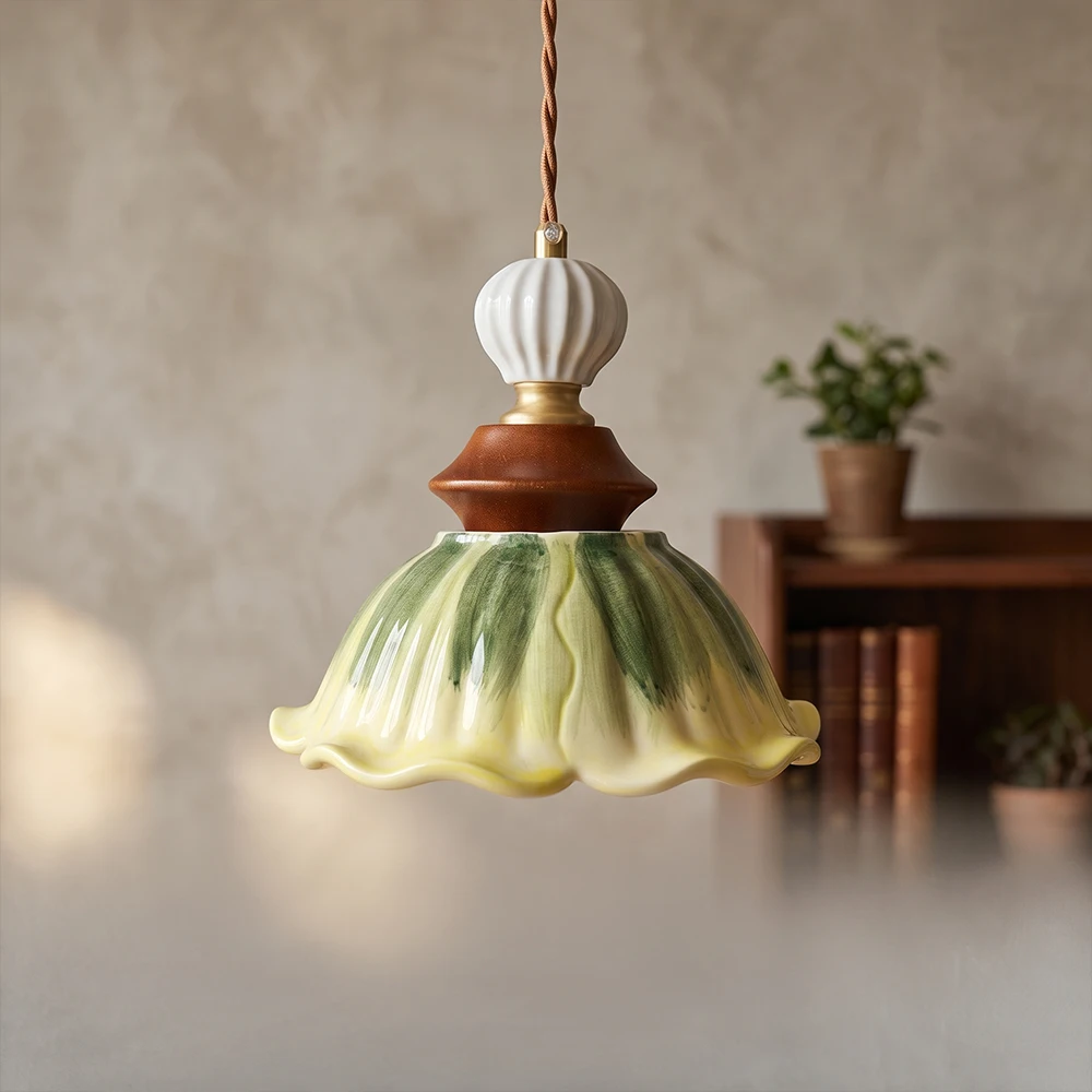 French Antique Bedroom Bedside Pendant Lamp, American Ceramic Entrance Hall Corridor Lamp, High-End Solid Wood Flower Hanging La
