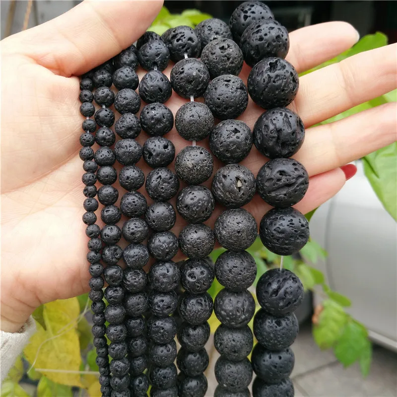 Grade A 4/6/8/10/12mm Natural Lava Stone Beads For Jewelry Making Black Round Volcanic Rock Strand DIY Bracelet Earrings Maken