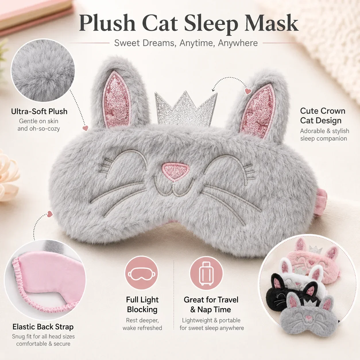 Antifaz de Gato 3D de Dibujos Animados, Antifaz de Felpa Suave que Bloquea la Luz, Antifaz para Dormir Portátil y Agradable para la Piel