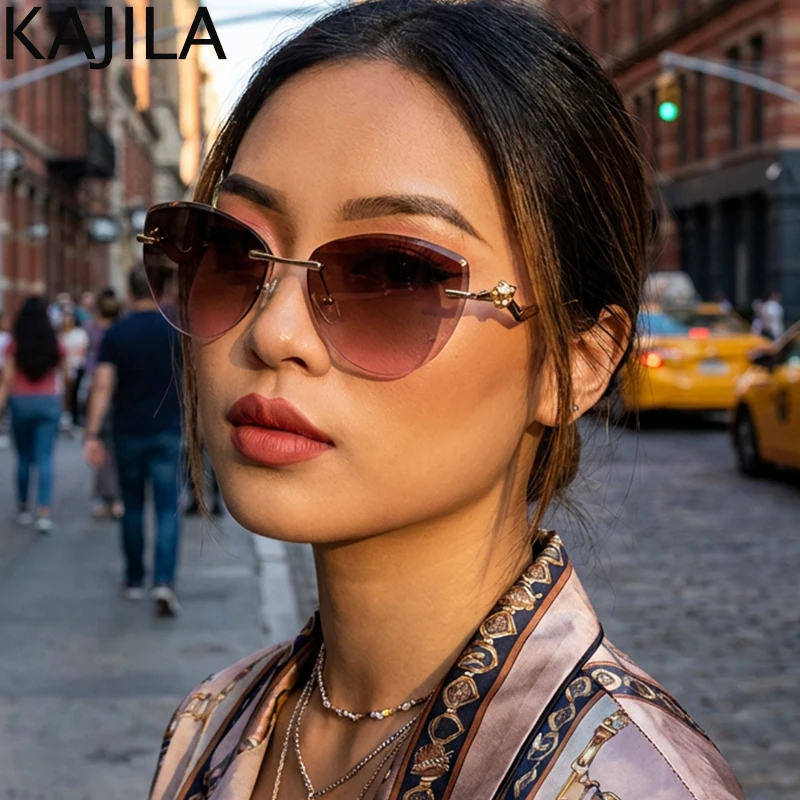 

Oversized Cat Eye Rimless Sunglasses Women 2025 Luxury Brand Classic Metal Frame Punk Sun Glasses Trendy Cateye Shades UV400