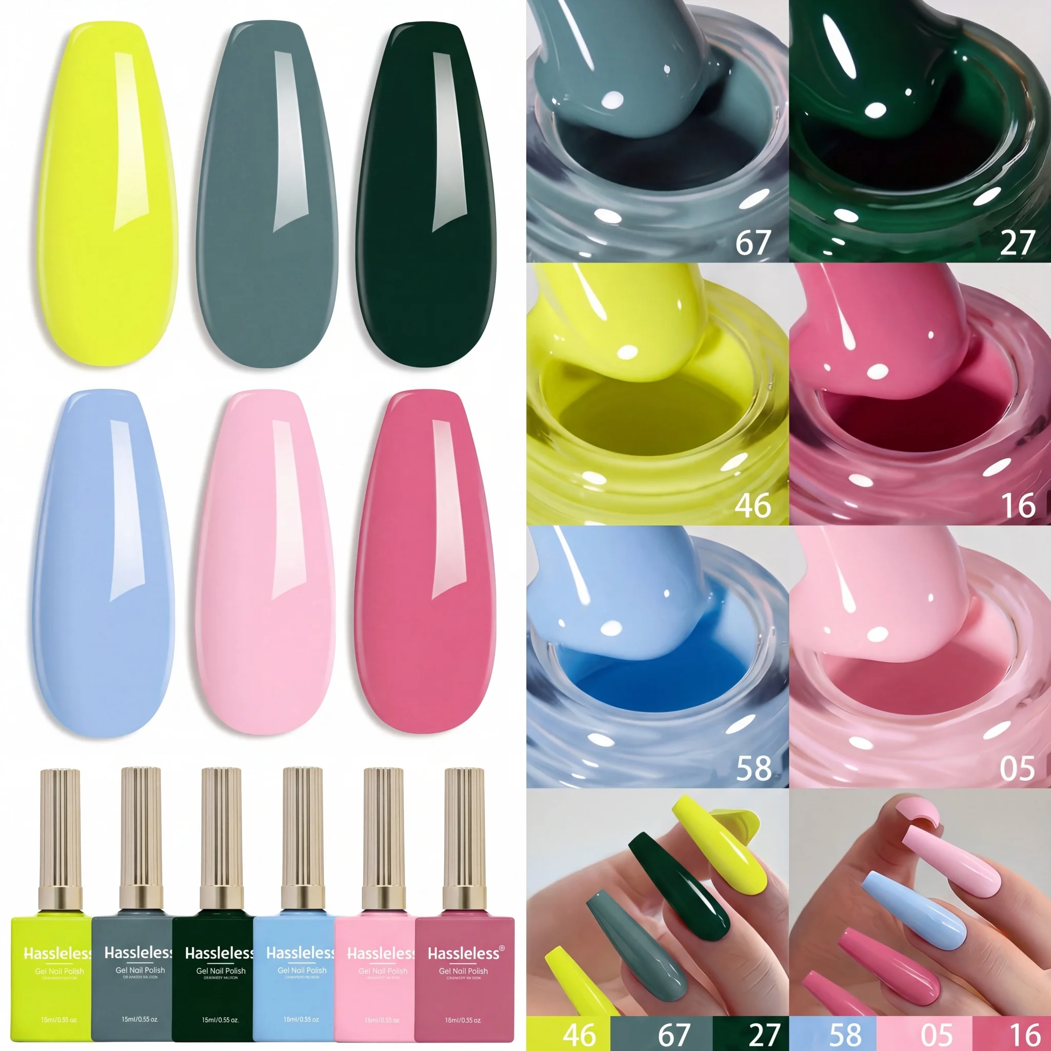 Hassleless 6Pcs Solid Color Nail Polish Gel 15ml Fluorescent Yellow Green Pink Blue Multi-Color Collection Uv Removable Nail Polish Gel for Nail Art Salon Use