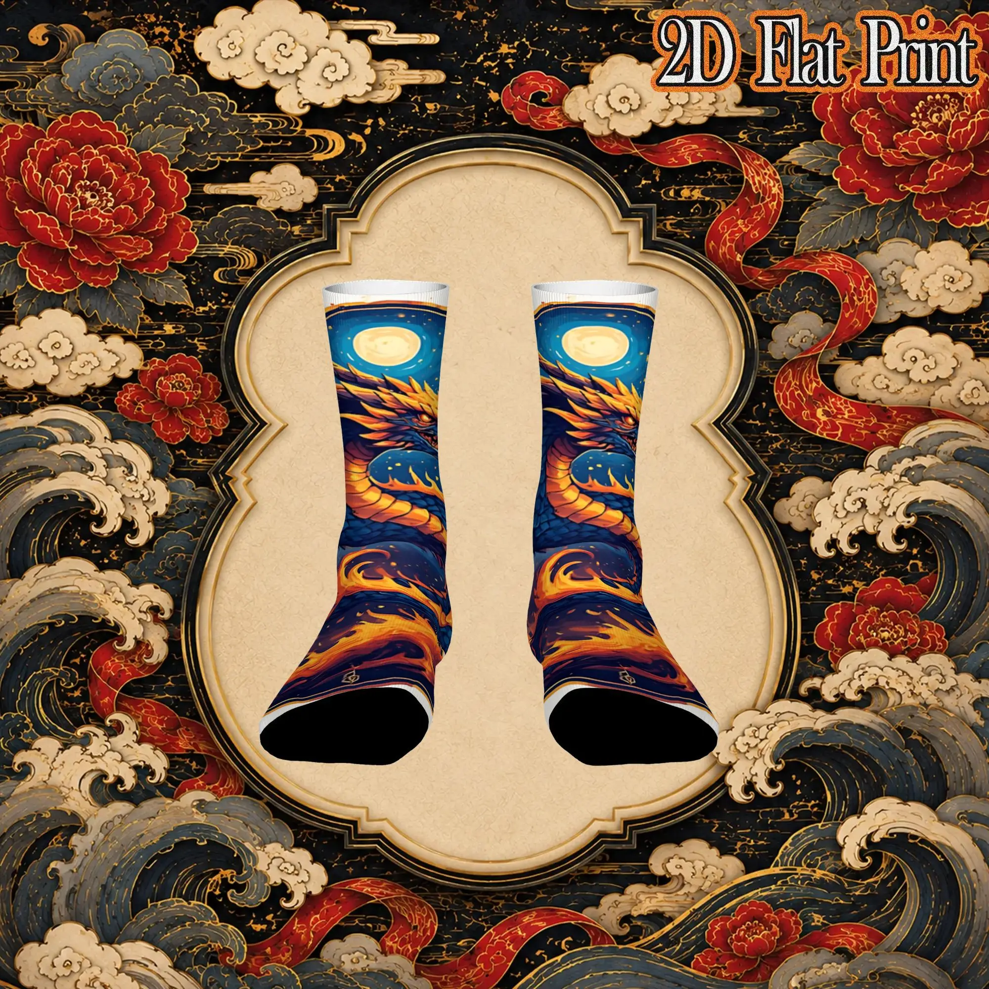 Japanese Vintage Dragon Tattoo Print Retro  Street Style Novelty Casual Crew Creative Sock Sports Socks