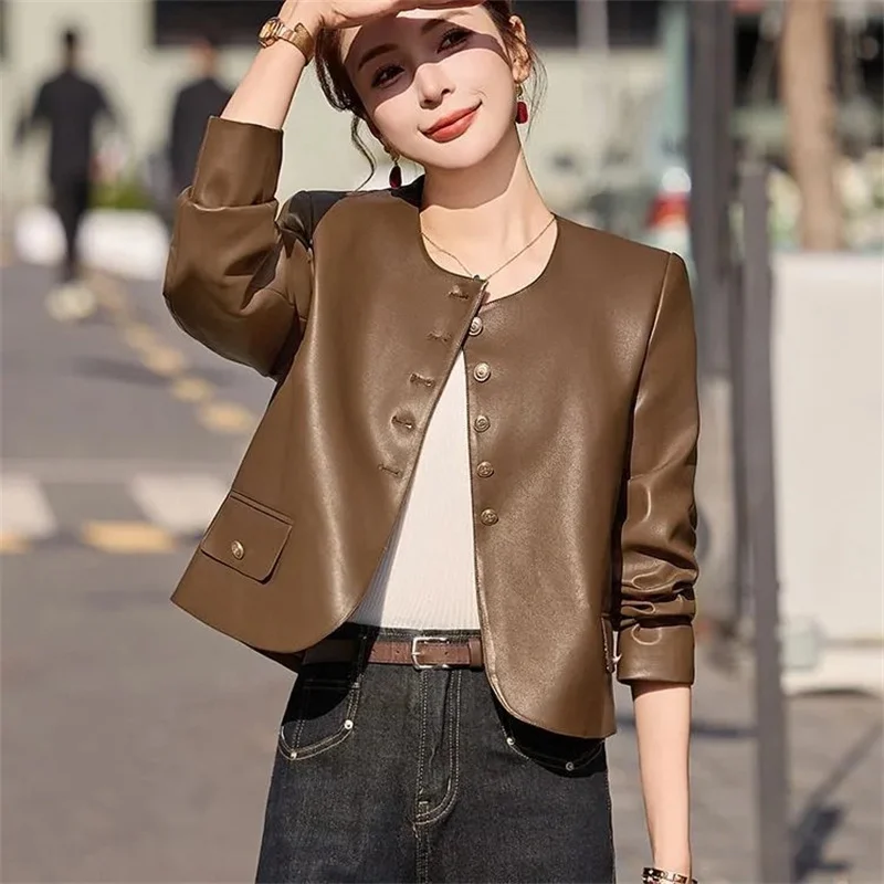 

Leather Jacket for Women 2026 Spring Autumn New Retro Fashion Casual Round Neck Short LeatherCoat Motorcycle Clothing Female