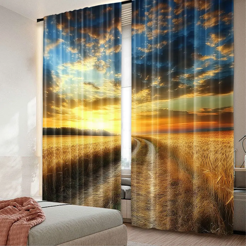 2Pcs Nature Curtain Road In The Field Ripe Yellow Wheat Under Cloudy Sunset Sky Landscape For Bedroom Living Room And Dining