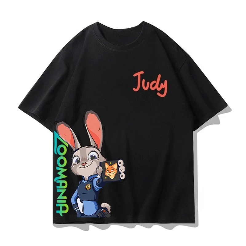 

Disney Zootopia Co-Branded Anime Nick Judy Police Officer Printed Short Sleeve T-Shirt Women's Crew Neck Casual Versatile Top