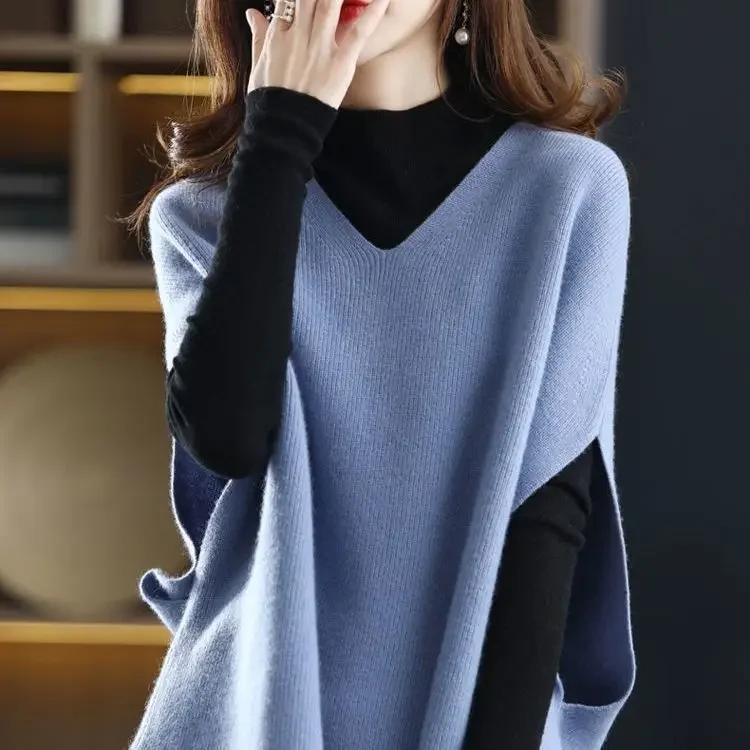 

Fashion Polyester Fiber Top Female Fashion Outerwear Spring Autumn Knitted Loose Women's Vest Batwing Pure Color Casual